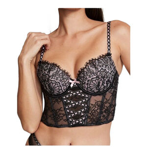 Victoria’s Secret Med-DD Dream Angels Lightly Lined Lace Up Corset Top Blk Pink